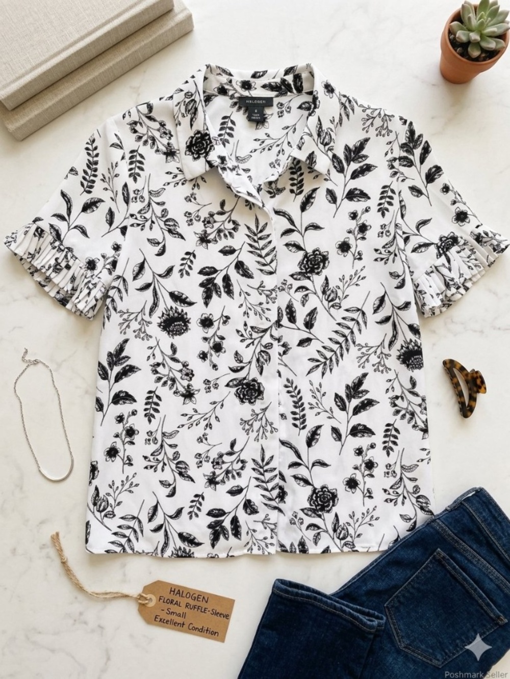 Halogen Black & White Floral Button-Down Top with Ruffle Sleeves